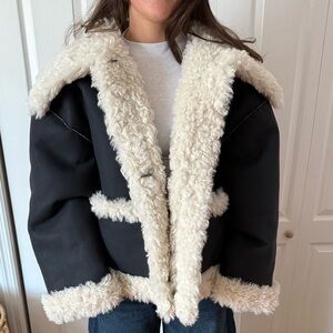 Kiki Faux Leather Jacket with High Pile Fleece Trim (Black)